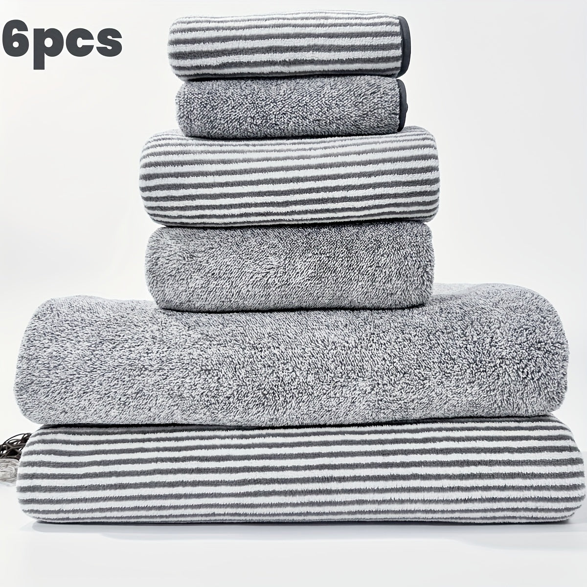 Dark Gray Stripe 6-Piece Towel Set Ultra-Soft Coral Fleece Quick-Drying Bath Hand Washcloths