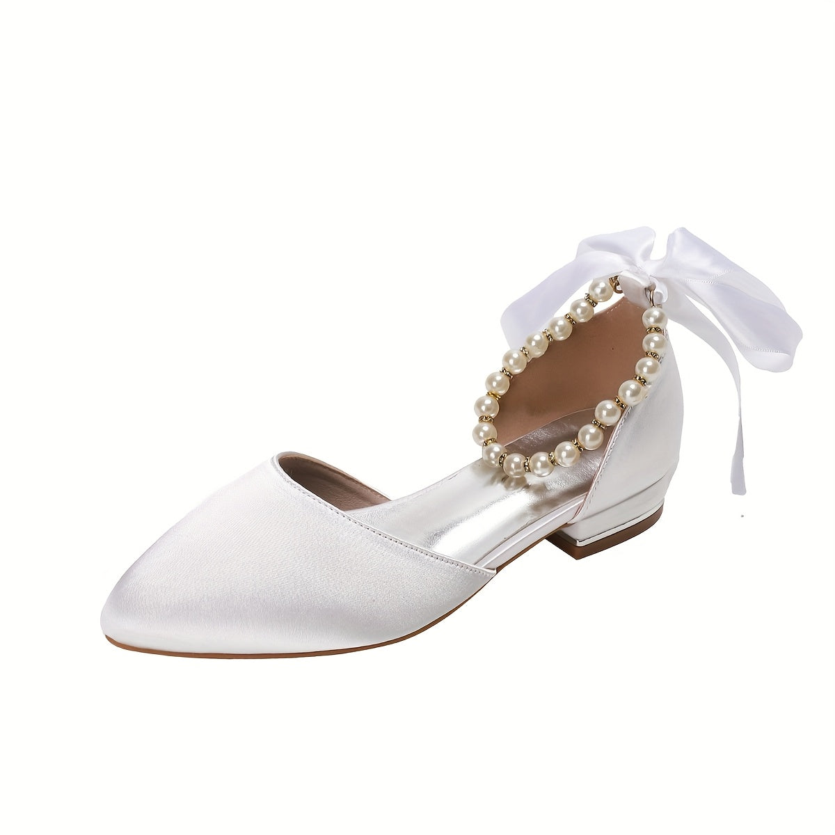 Ayollar uchun oq satindan tikilgan to'y poyafzali, nuqtali barmoqli, pastki tagli, kamon bilan