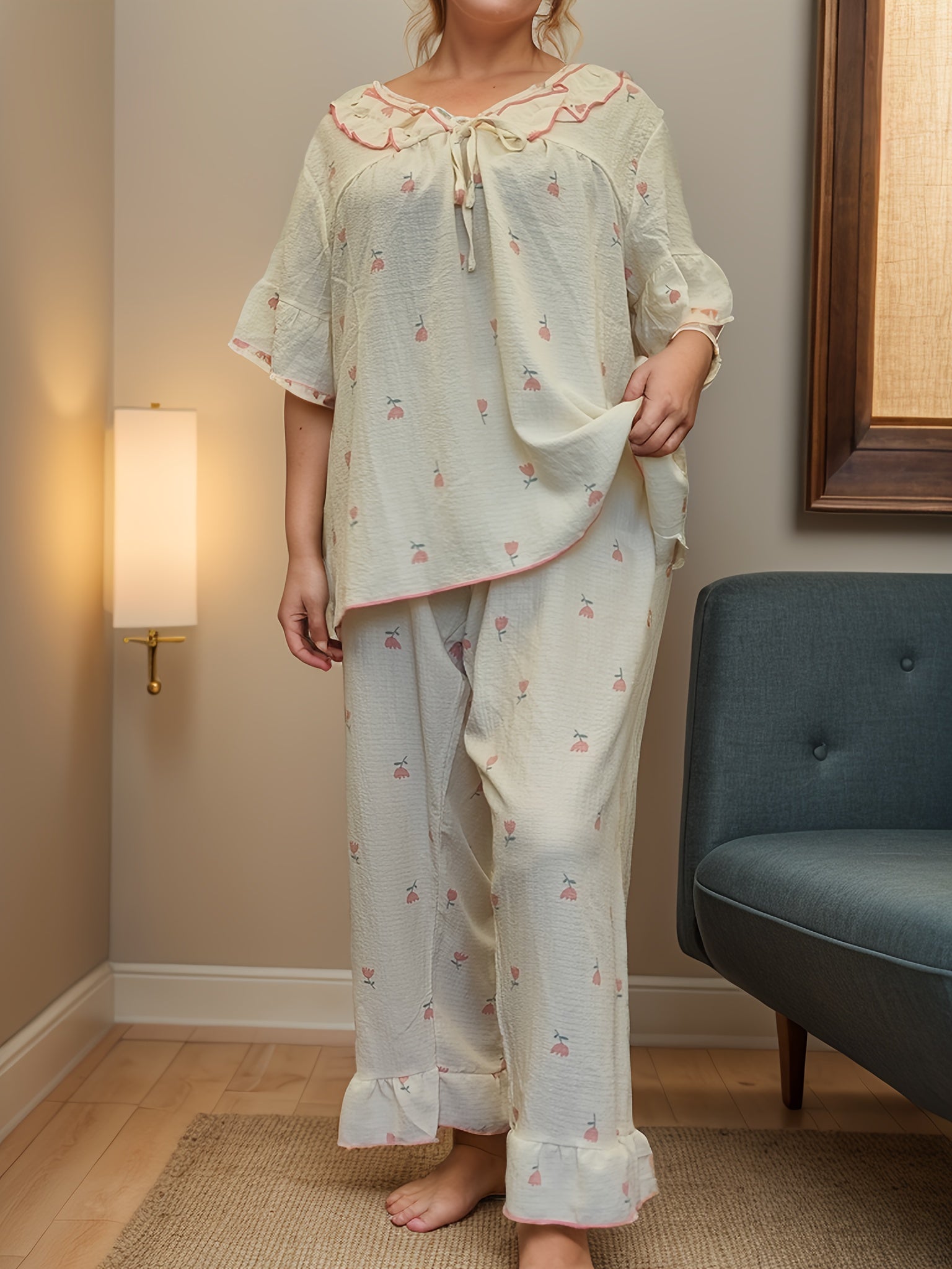 Women's Floral Printed Pajama Set Large Size with Long Pants and Short Sleeves