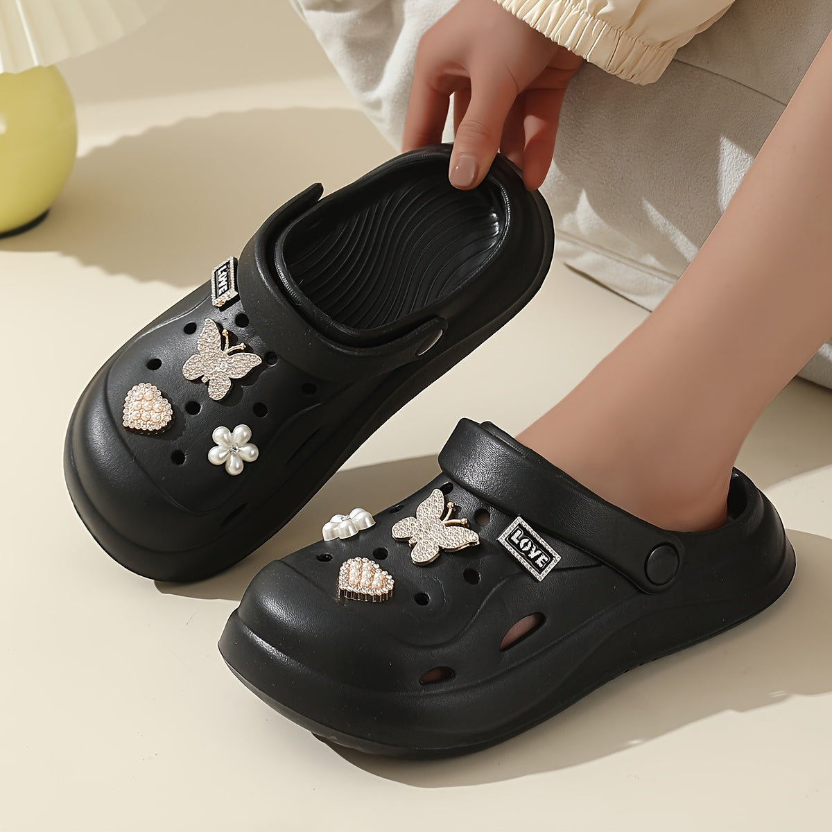 Women's EVA Clogs with Rhinestone Butterfly and Heart Charms, Summer Beach Sandals, White