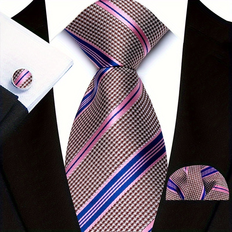 Men's Business Casual Tie Pocket Square Cufflinks Woven Multicolor Stripes Set for Grooms and Groomsmen