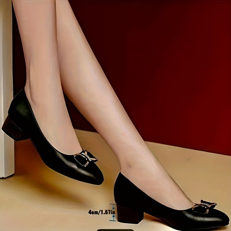 Women's Black Pointed Toe Block Heel Pumps with Sparkling Bow for Work and Formal Events