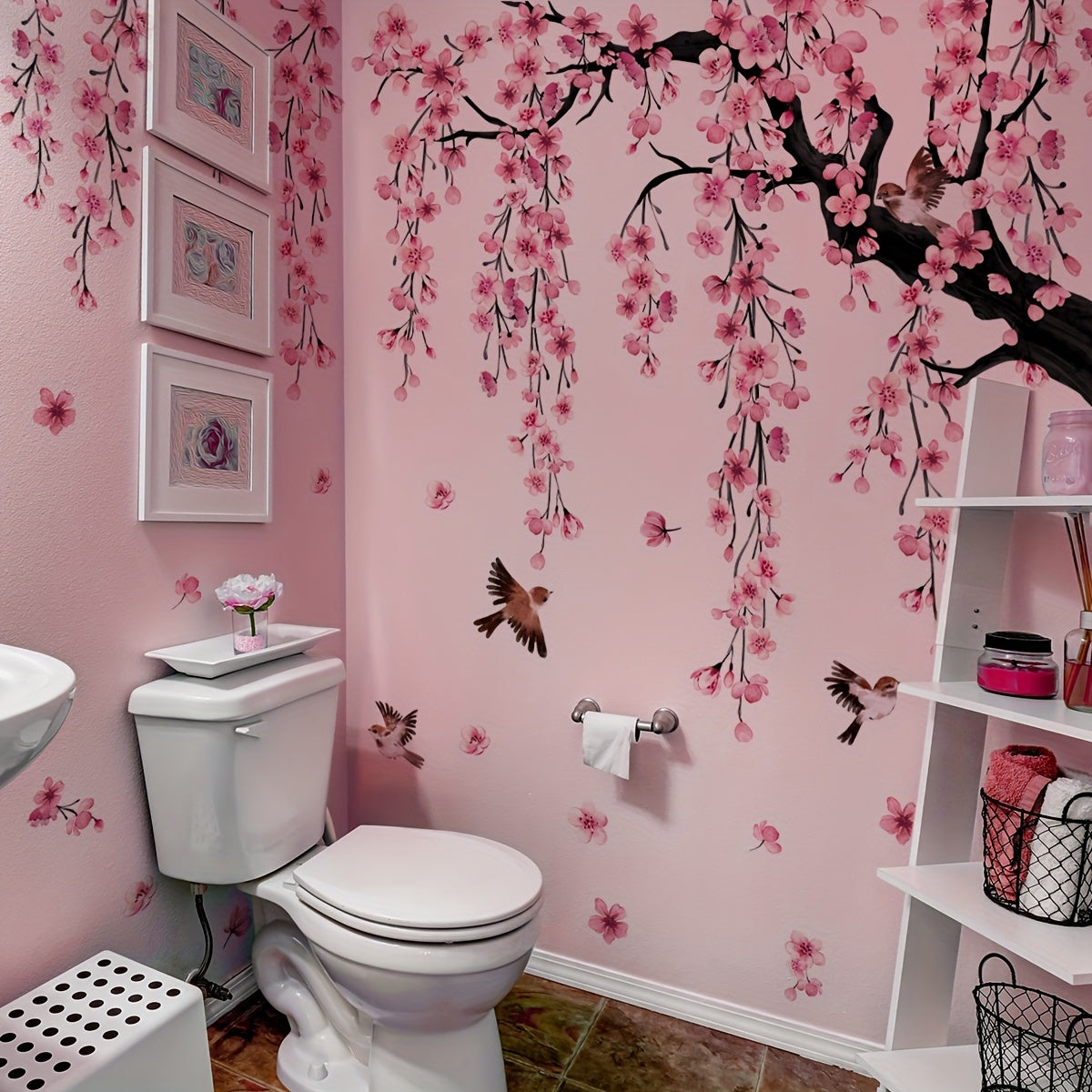 Juego de 4 calcomanías de pared de árboles de flor de durazno rosa para sala de estar, dormitorio, baño