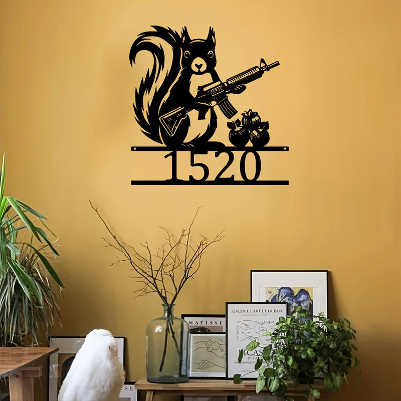 Placa de arte mural de estilo vintage de metal con número de casa y diseño de ardilla