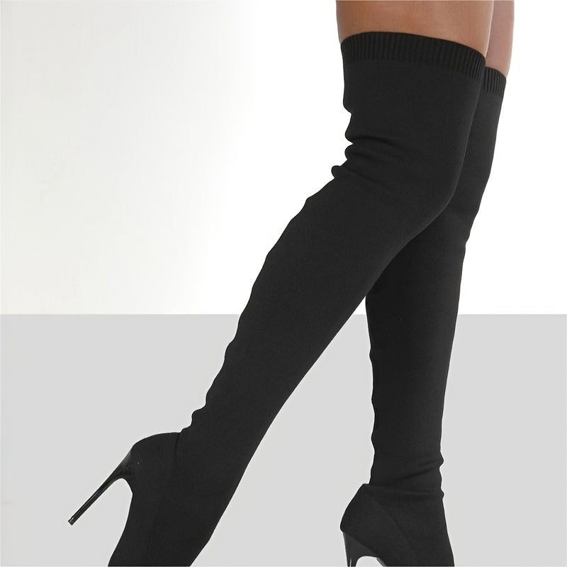 Women's Beige Knee-High Boots with Pointed Toe and Stiletto Heel