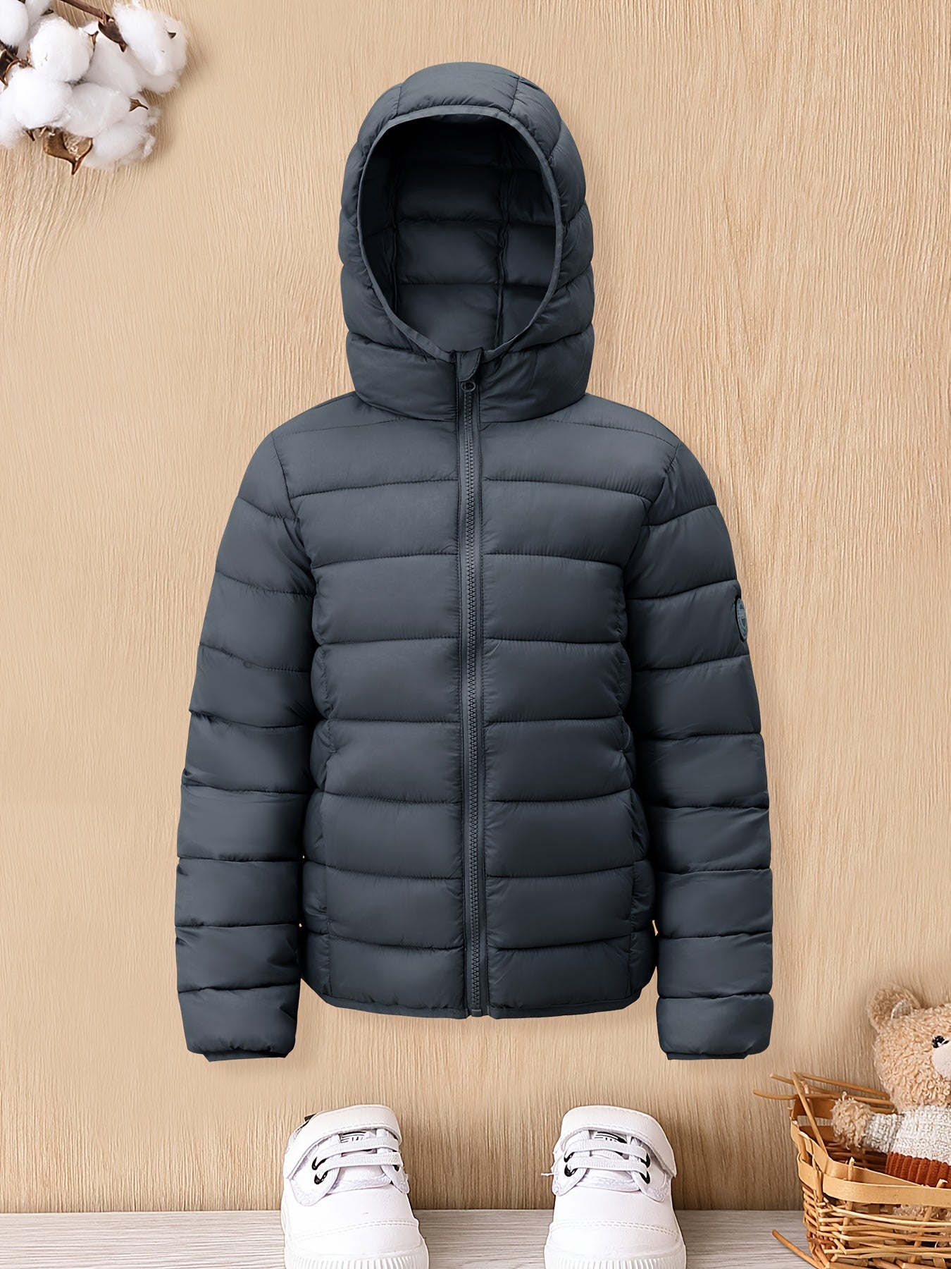Boys Hooded Nylon Jacket Winter Cozy Zip-Up Coat Solid Color Over 3 Years