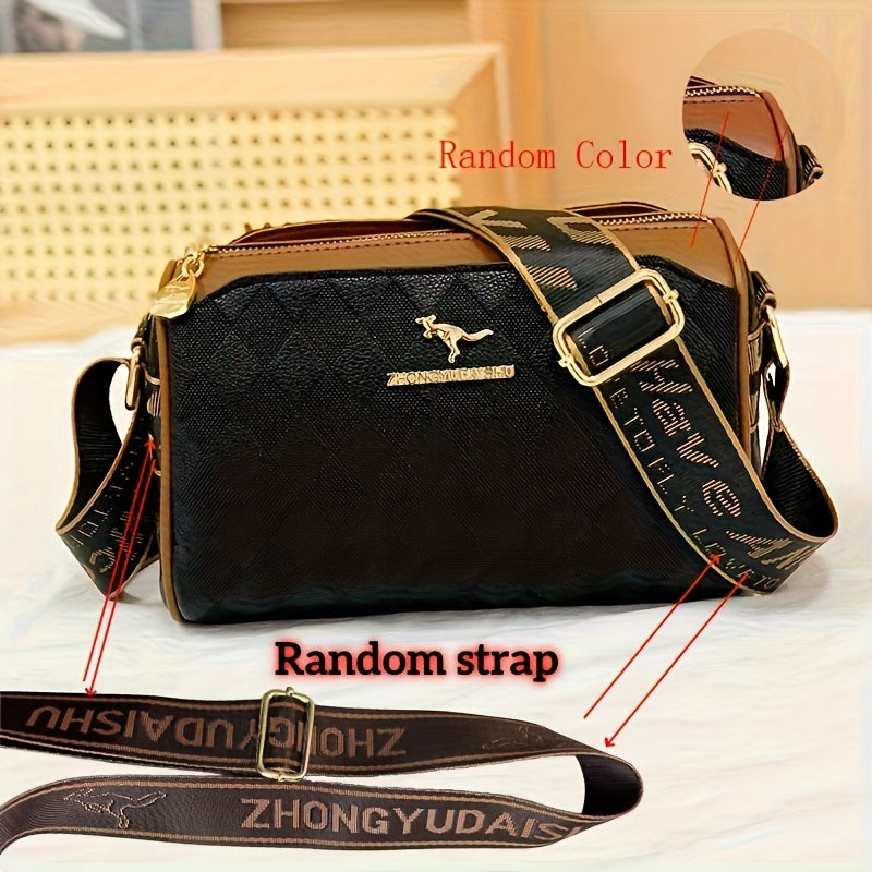 Women's Faux Leather Argyle Crossbody Bag Zipper Adjustable Strap White Black