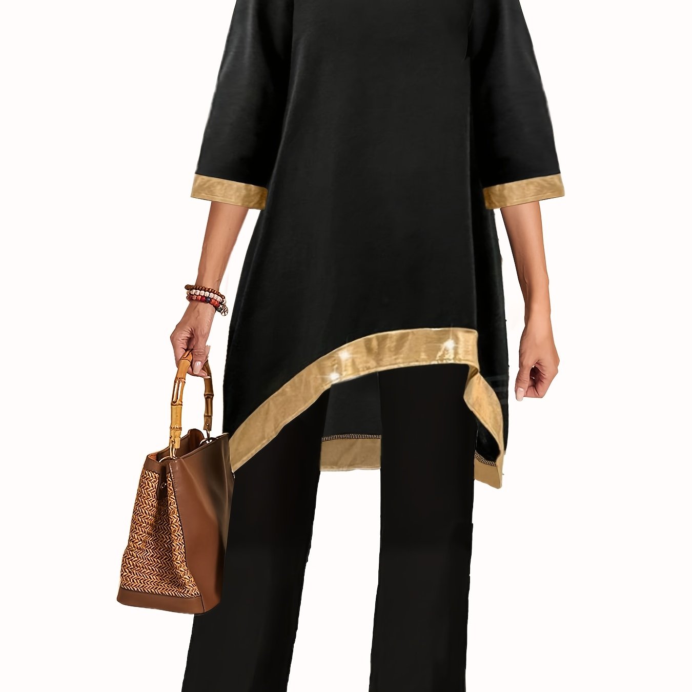 Asimmetrik hemli yuqori va bir rangli shimlar katta o'lchamdagi ikki qismli to'plam.