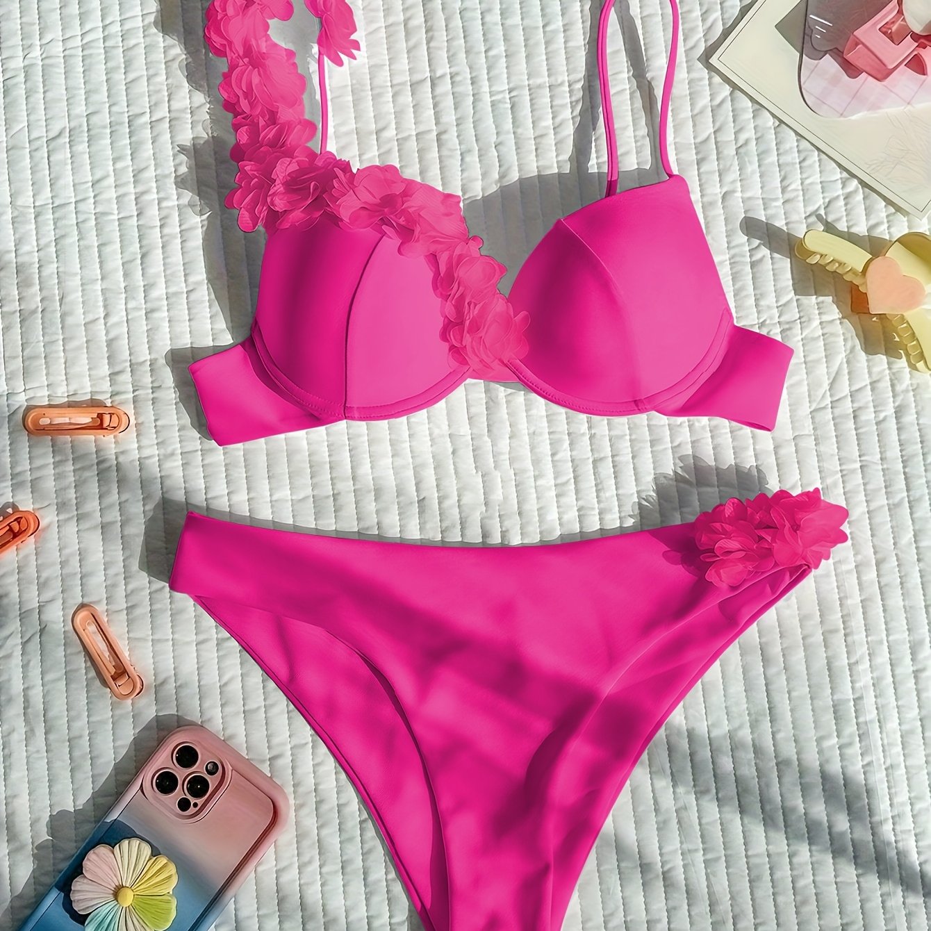 Sexy Floral One-Shoulder Bikini Set with High Stretch Polyamide and Elastane