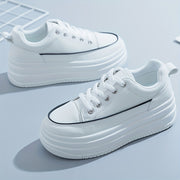 Women's Casual White PU Low-Top Sneakers with Breathable Fabric