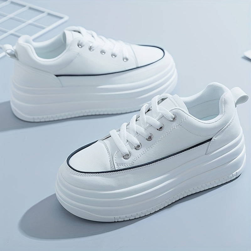 Women's Casual White PU Low-Top Sneakers with Breathable Fabric
