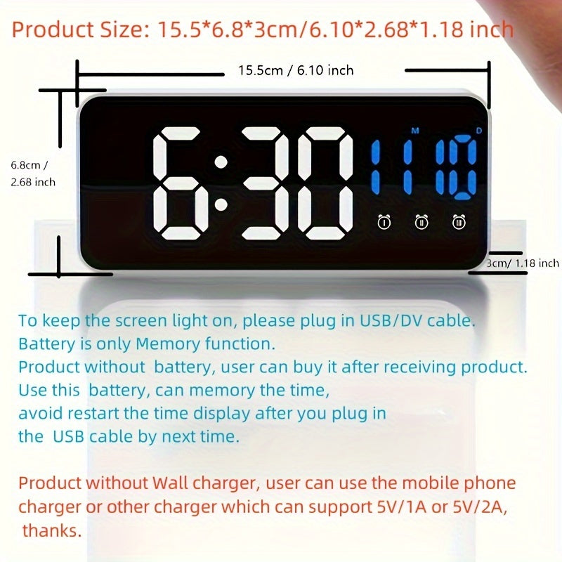 LED Clock with Smart Alarm and Mirror Design for Home Decor