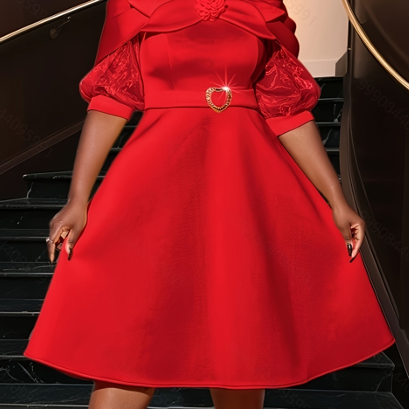 Women's Mustard Yellow A-Line Midi Dress with Petal Sleeves Belted Waist