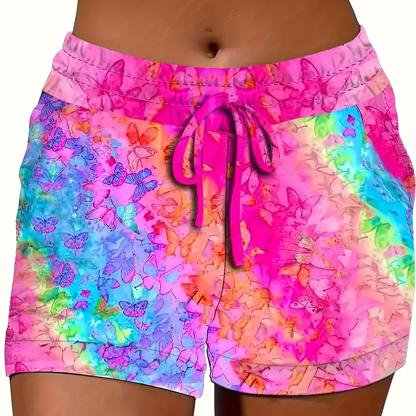 Шорты для женщин больших размеров casual с принтом бабочек, регулируемый пояс, легкая летняя ткань