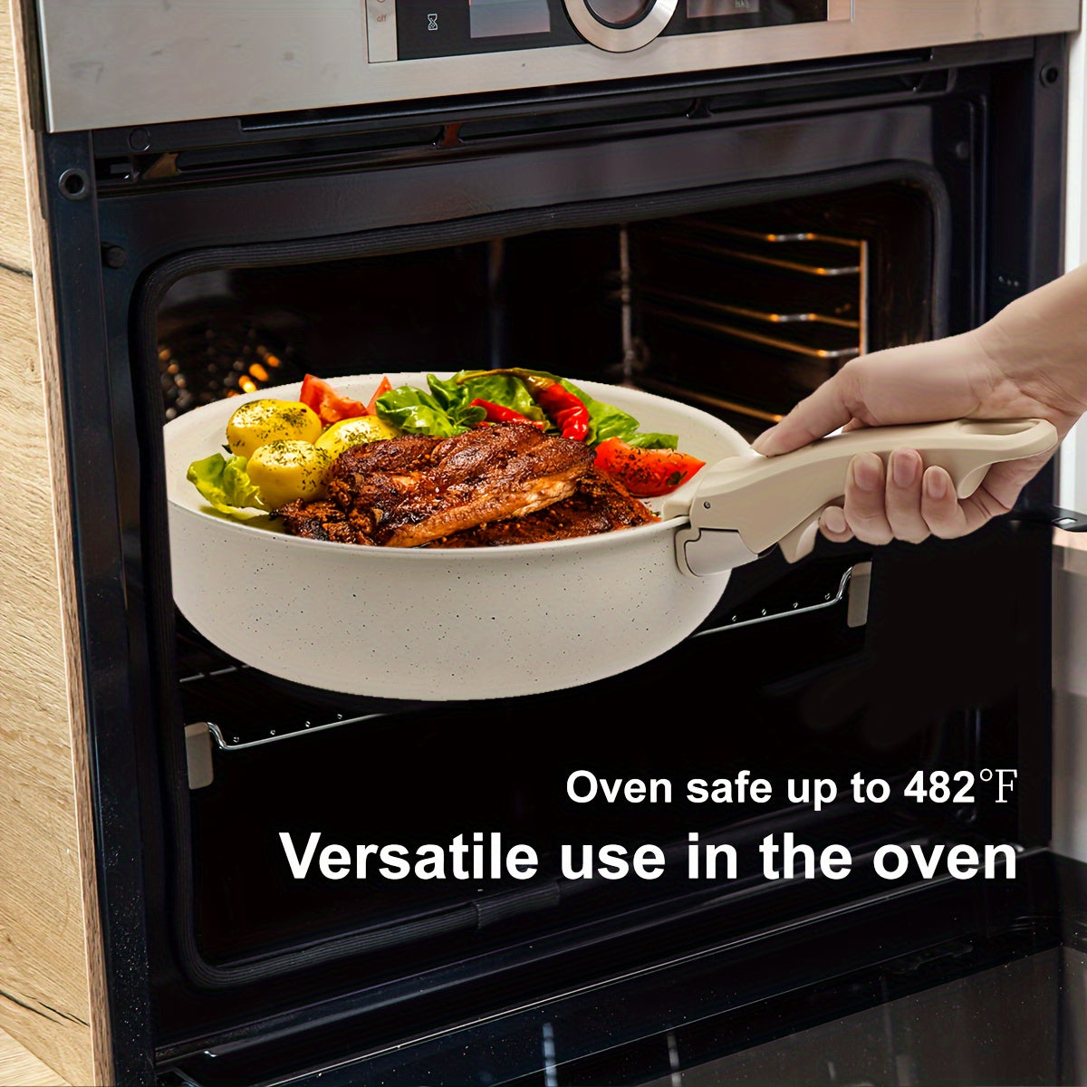 5/12 ta keramika non-stick oshxona to'plami, olib tashlanadigan tutqichlar bilan, krem oq