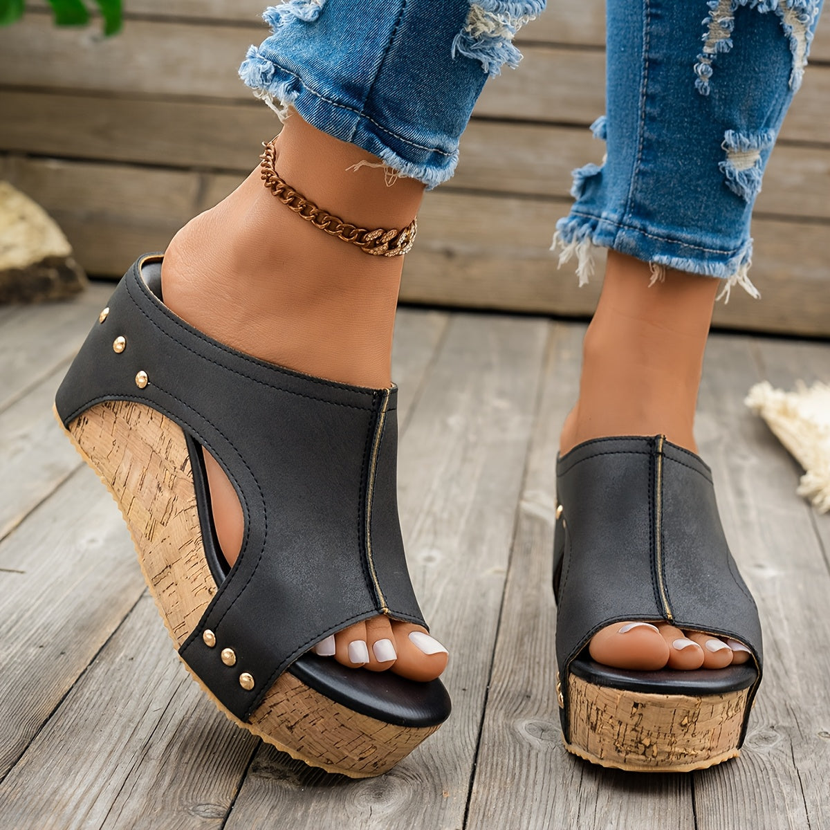 Women's Wedge Sandals Open Toe Slip-On Strappy Metallic Buckle Summer Fashion