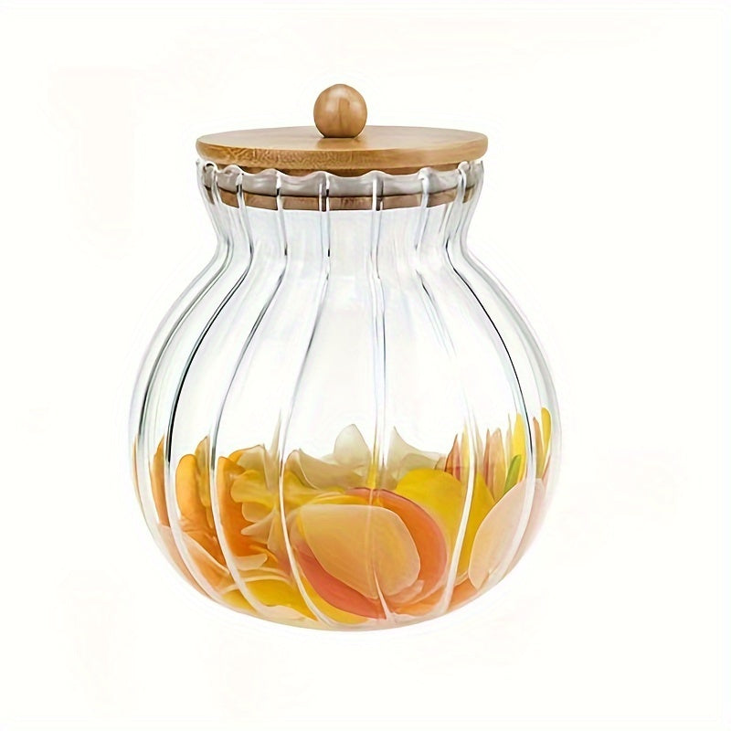 Glass Storage Jar With Bamboo Lid, Striped, for Tea Snacks and Seasonings