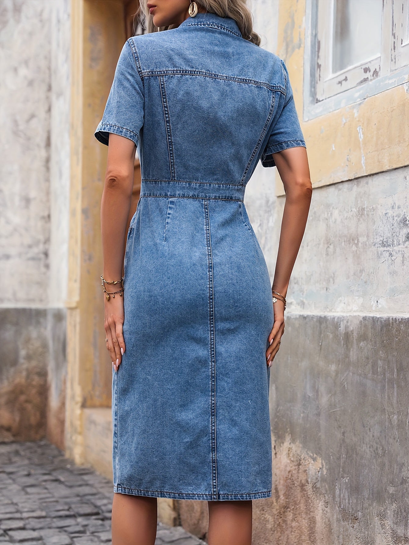 Women's Light Blue Denim Dress with Short Sleeves and Button Front