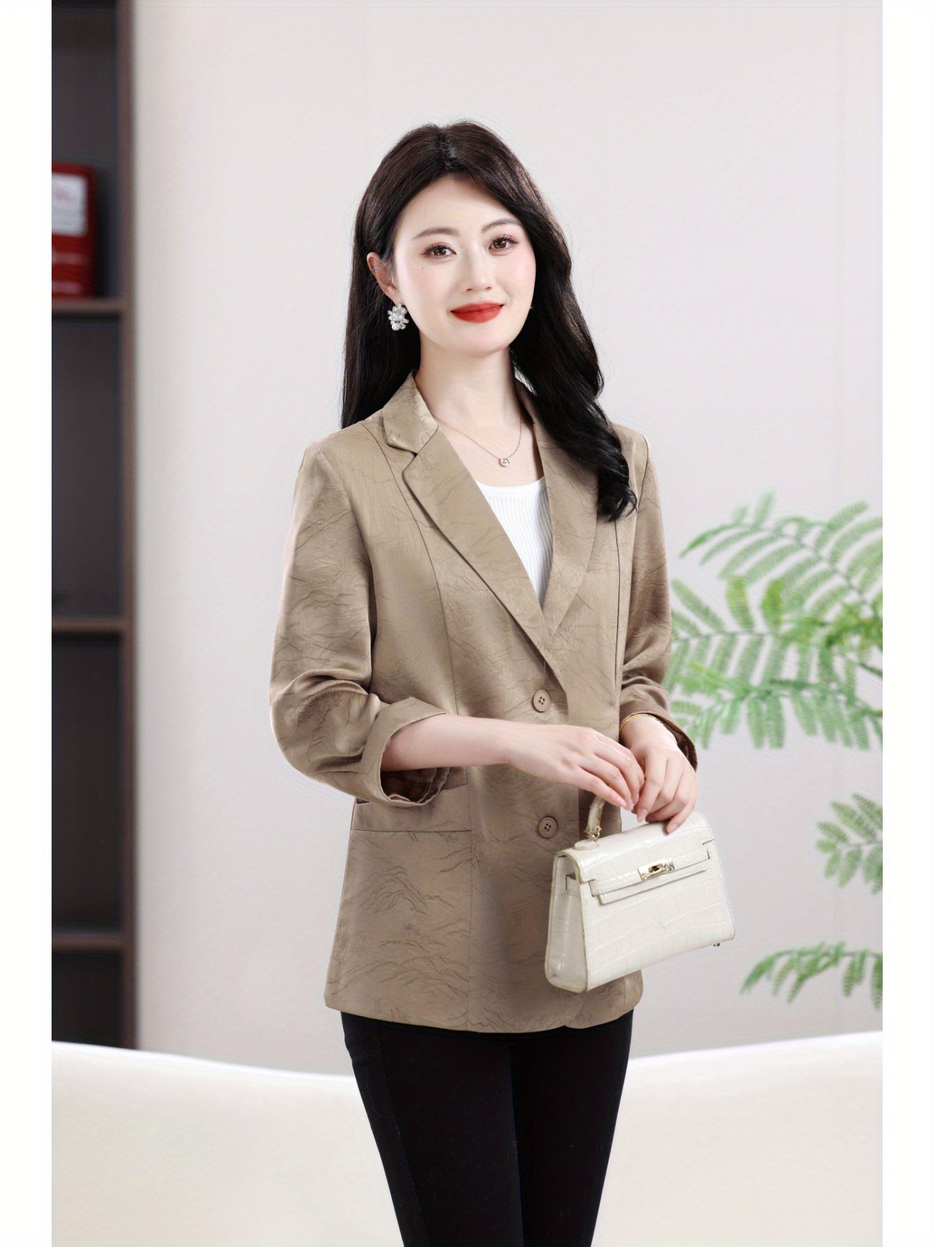 Plus Size Women's Blazer Jacket 3/4 Sleeve Slim Fit Office to Casual Khaki