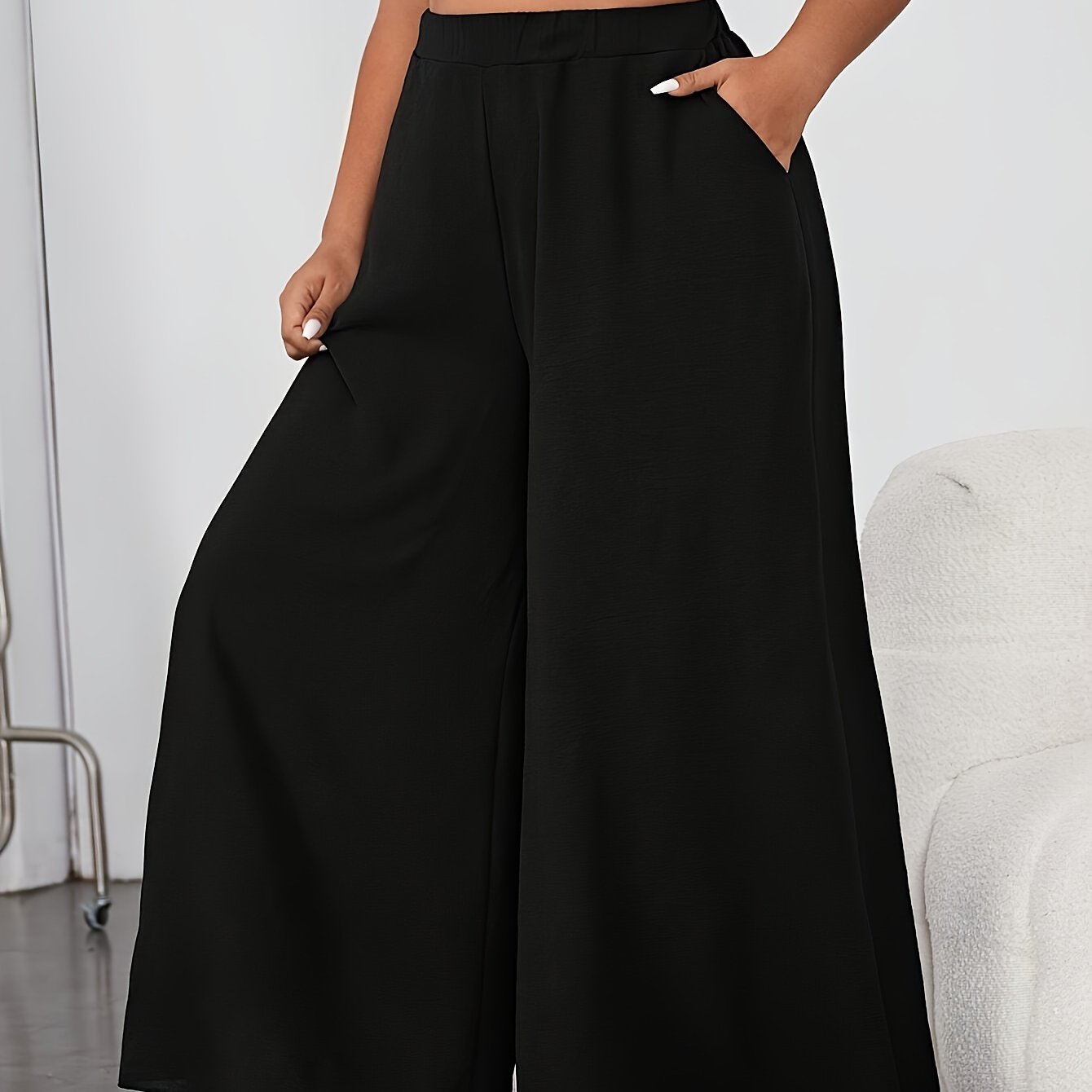 Women's Plus Size Wide Leg Pants Elastic Waist Solid Color Spring Summer