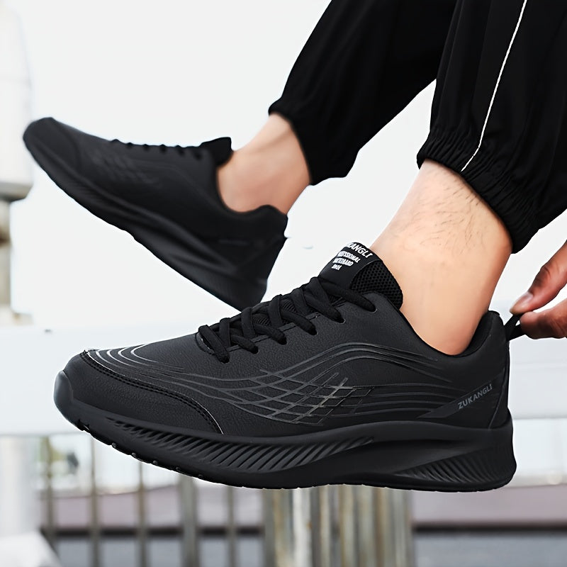 Men's Black Running Shoes Low Top Lace-Up Sneakers with Textured Fish Scale Pattern and Durable MD Sole