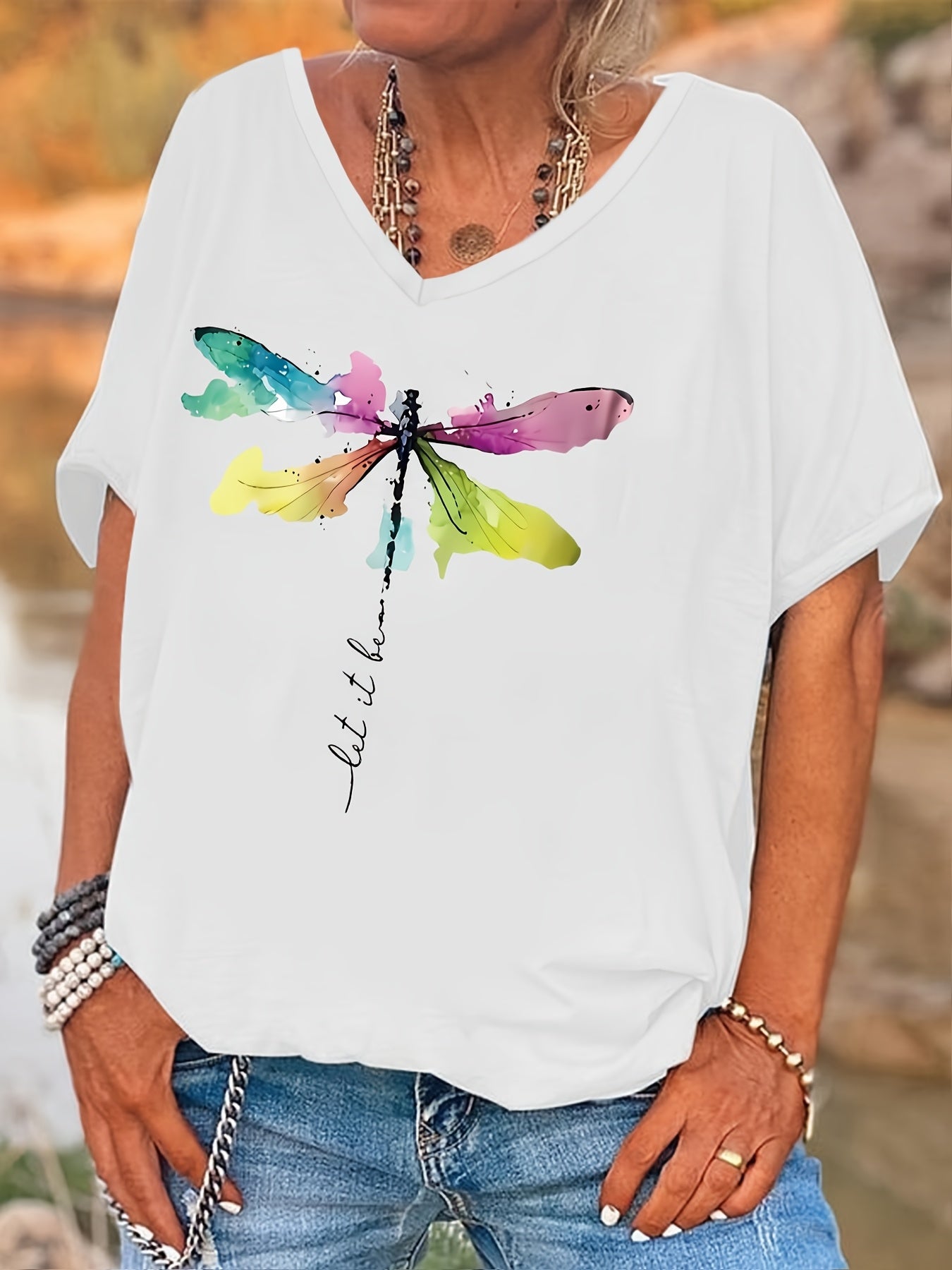 Women's Plus Size V-Neck T-Shirt Watercolor Dragonfly Printed Short Sleeves