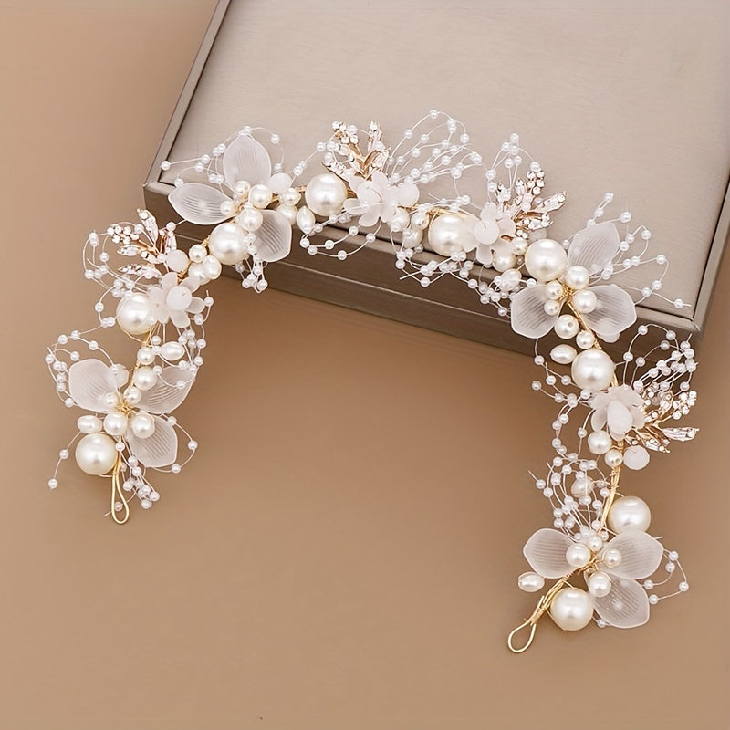 Golden Leaf Faux Pearl Bridal Headband Wedding Hair Accessory