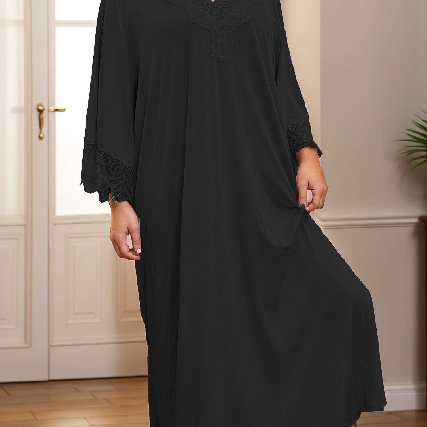 Plus Size Women's Satin Nightgown With Contrast Lace Cap Sleeve