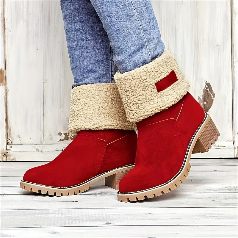 Women's Winter Ankle Boots Fleece-Lined Mid-Calf Slip-On | Warm Fabric, Rubber Sole
