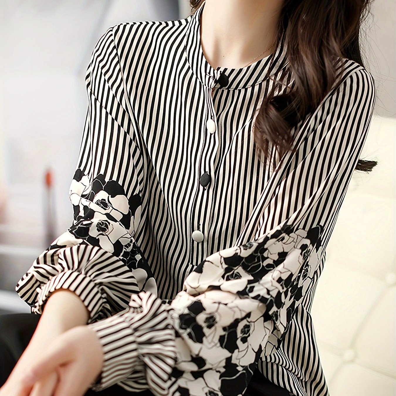 Women's Floral Striped Long Sleeve Blouse with Lantern Sleeves Polyester All-Season