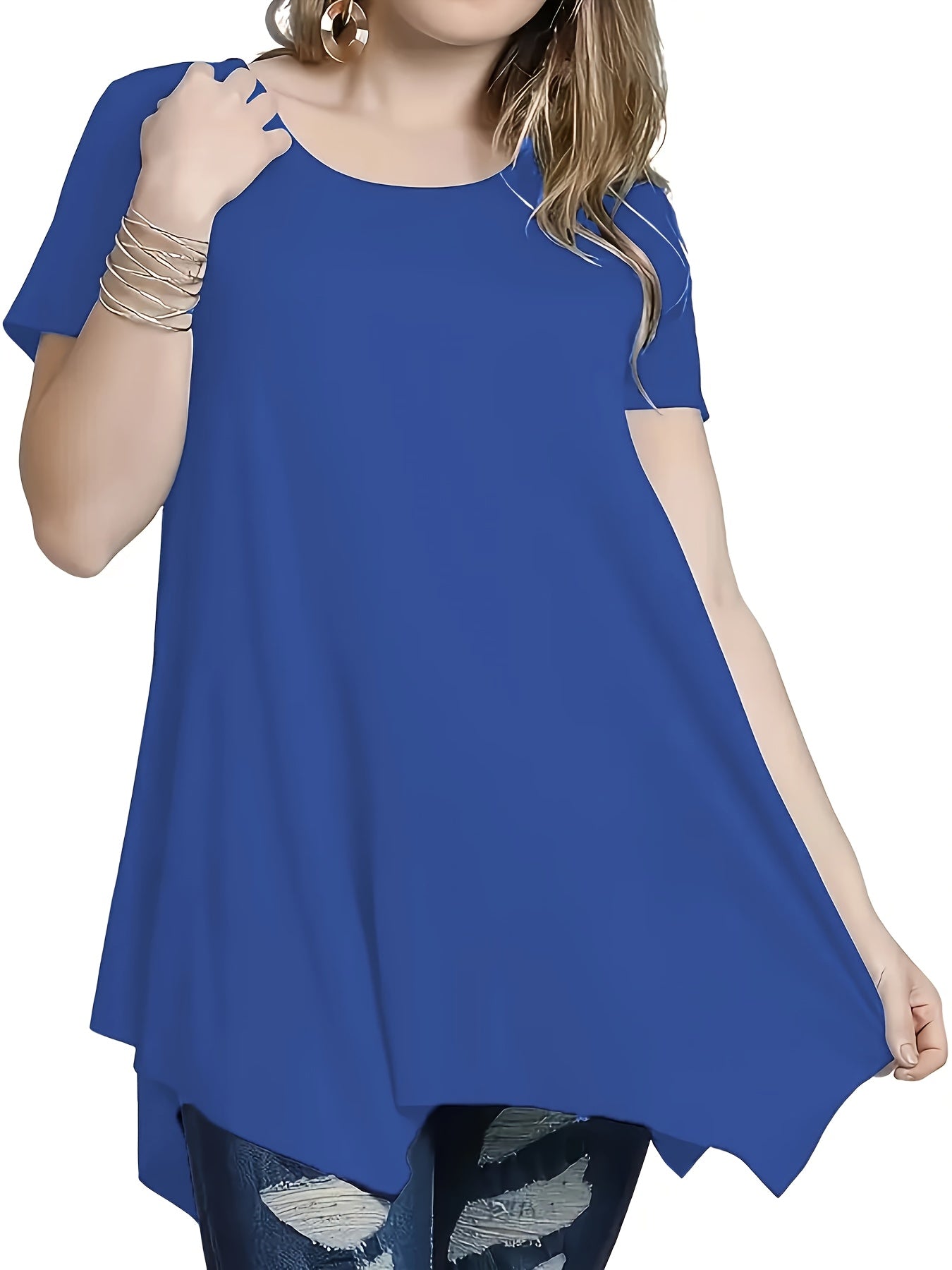 Plus Size Women's T-Shirt Solid Color Crew Neck Irregular Hem Short Sleeve Polyester Spandex Summer