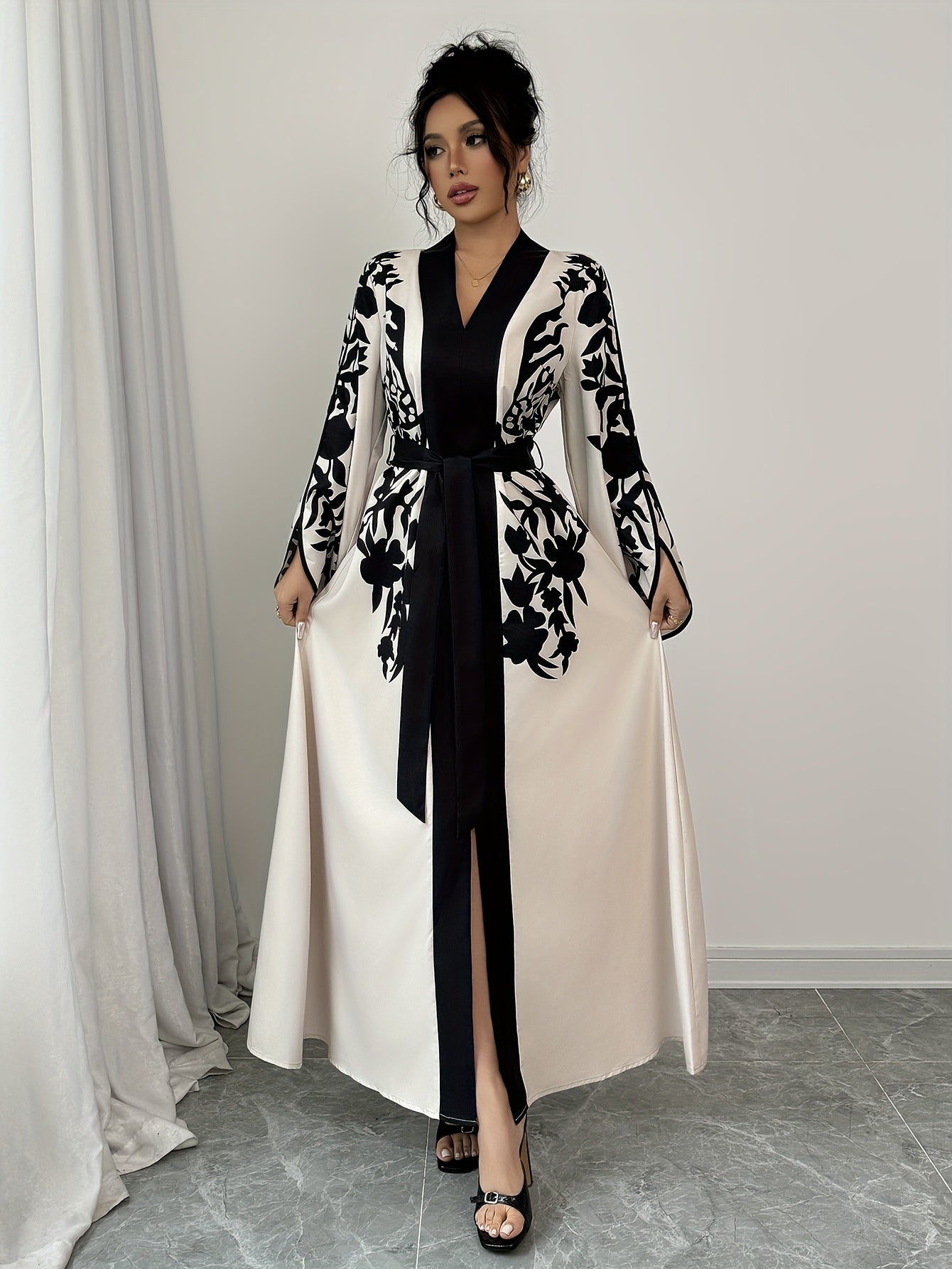 Women's Fall Peplum Dress with Floral Print V-Neck Woven Polyester Elastane