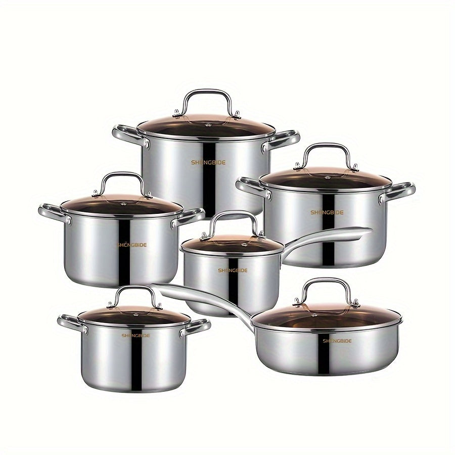 12-Piece Stainless Steel Cookware Set with Pots Pans Lids for Kitchen