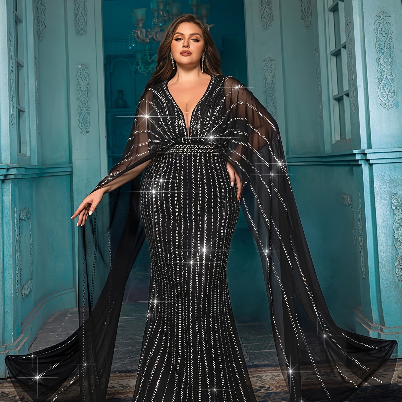 Plus Size Black Evening Dress Rhinestones Puff Sleeves Bow Neckline