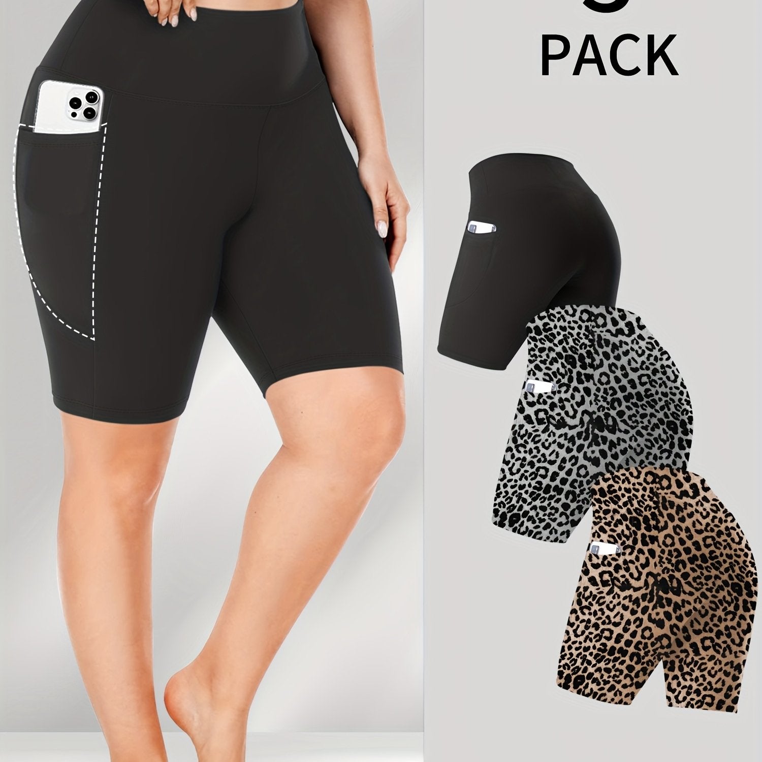 Women's High-Waist Biker Shorts Plus Size Crescent Moon Pockets Stretchy Polyester