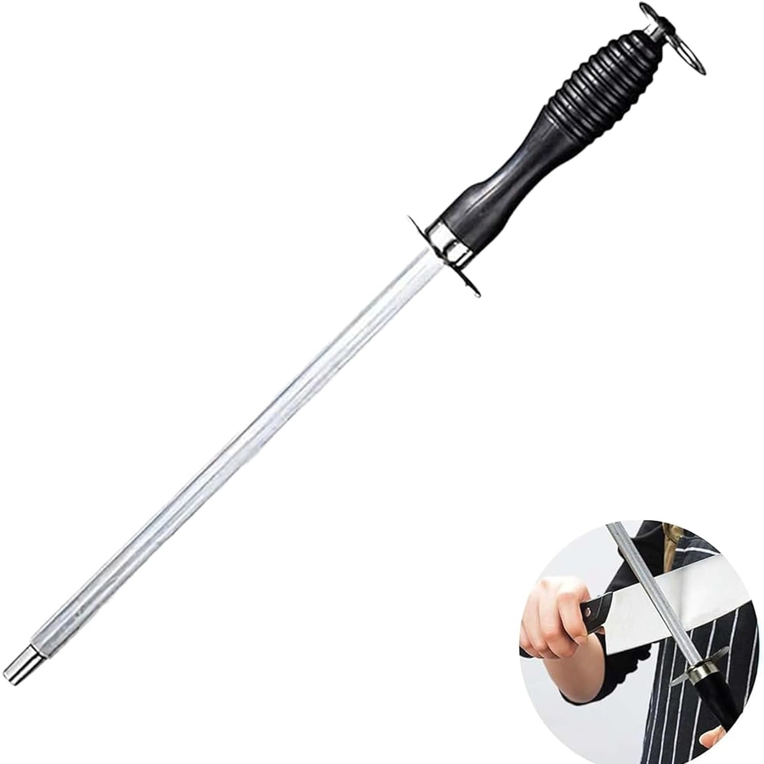 Kuchli oshxona, restoran va mehmonxonalarda professional pichoqni silliqlash uchun olmos qoplangan honing po'lat. Bardoshli dizayn, tezki qirralarni tiklash va yopishmaydigan tutqich bilan.