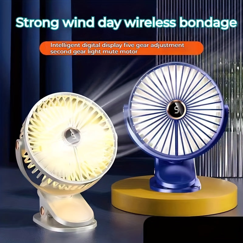 Black Portable Clip-On Fan with 360° Rotation, 5 Speeds, Battery Operated