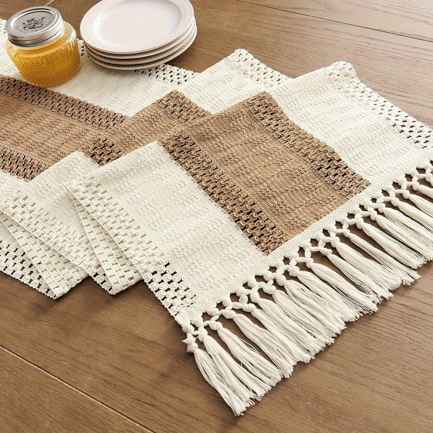 Polyester Bohemian Style Tassel Crochet Table Runner for Farmhouse Decor in Two Colors