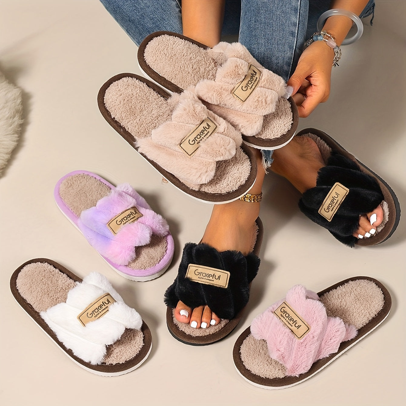 Women’s Colorful Plush Indoor Slippers Warm Anti-slip Autumn Spring