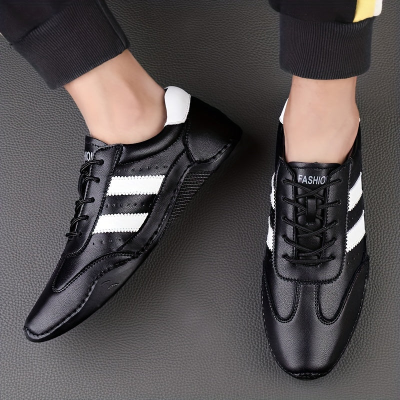 Men's Genuine Leather Sneakers White Black Stripe Rubber Sole Casual All-Season