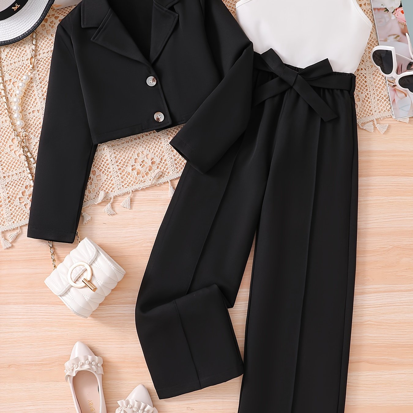 Qizlar uchun nafis 3-qismli to'plam, qisqa blazer, yengsiz kamizel va to'g'ri oyoq shimlaridan iborat, bir rangda. Bahor/kuz moda uchun ajoyib.