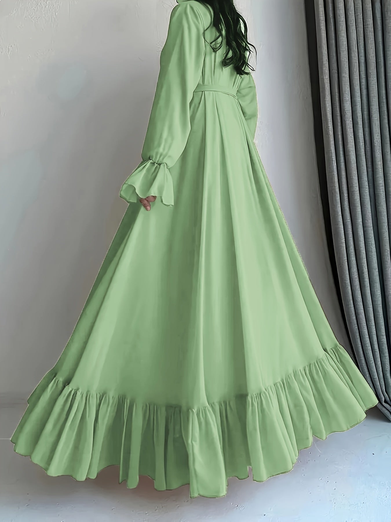 Solid Color Dress with Belted Ruffle Hem Long Sleeve Mock Neck for Spring and Fall