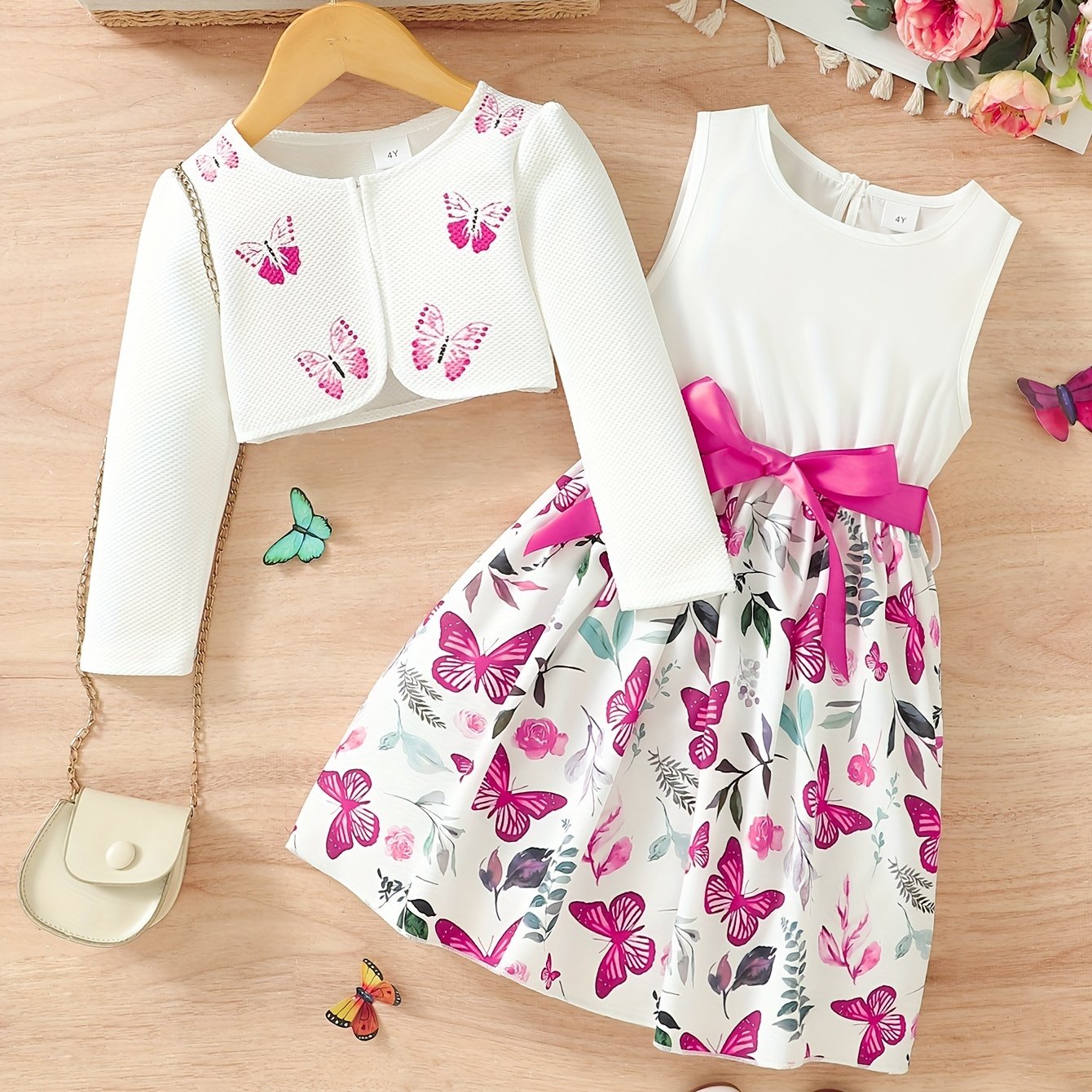 Girls Butterfly Casual Two-Piece Dress Set with Midi Length and Belt