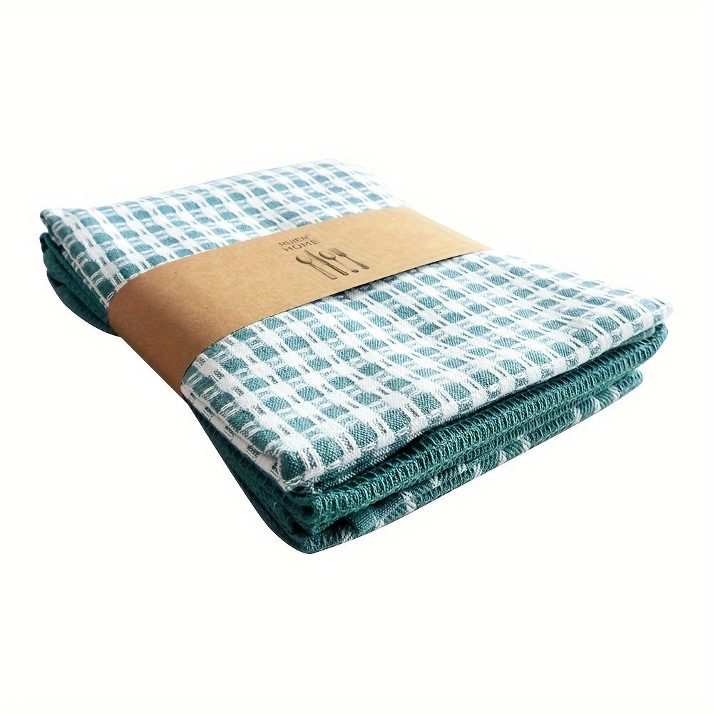 Set of 3 Large Kitchen Towels in Green Plaid and Striped Waffle Weave 45x65 cm