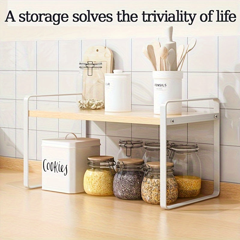 Estante de cocina con marco de hierro y tapa de madera dura con 2 niveles para organización