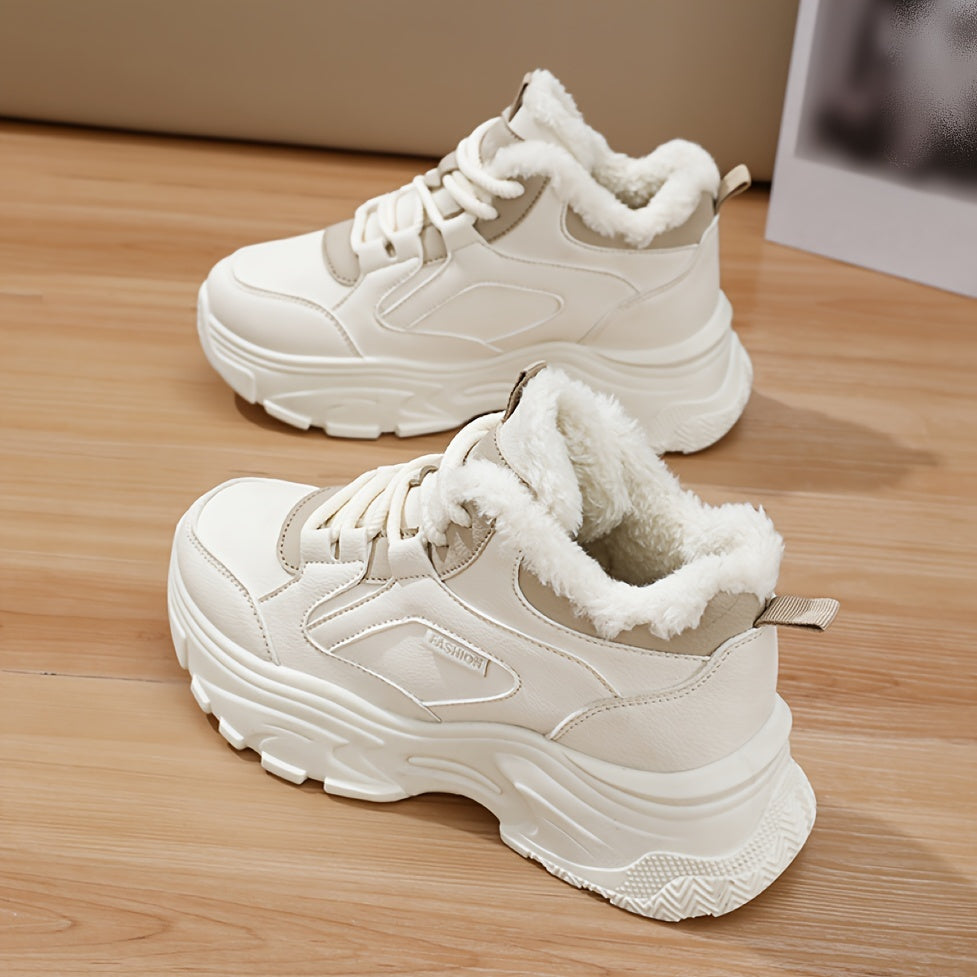 Women's Faux Fur Lined Mid-Top Sneakers with Rubber Sole for Cold Weather