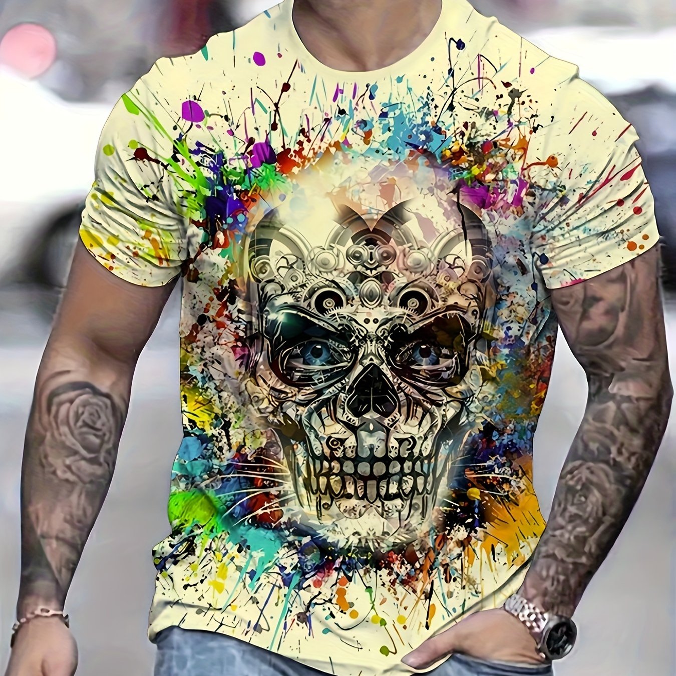 Men's 3D Skull Print T-Shirt Casual Quick-Dry Polyester for Running Hiking Camping