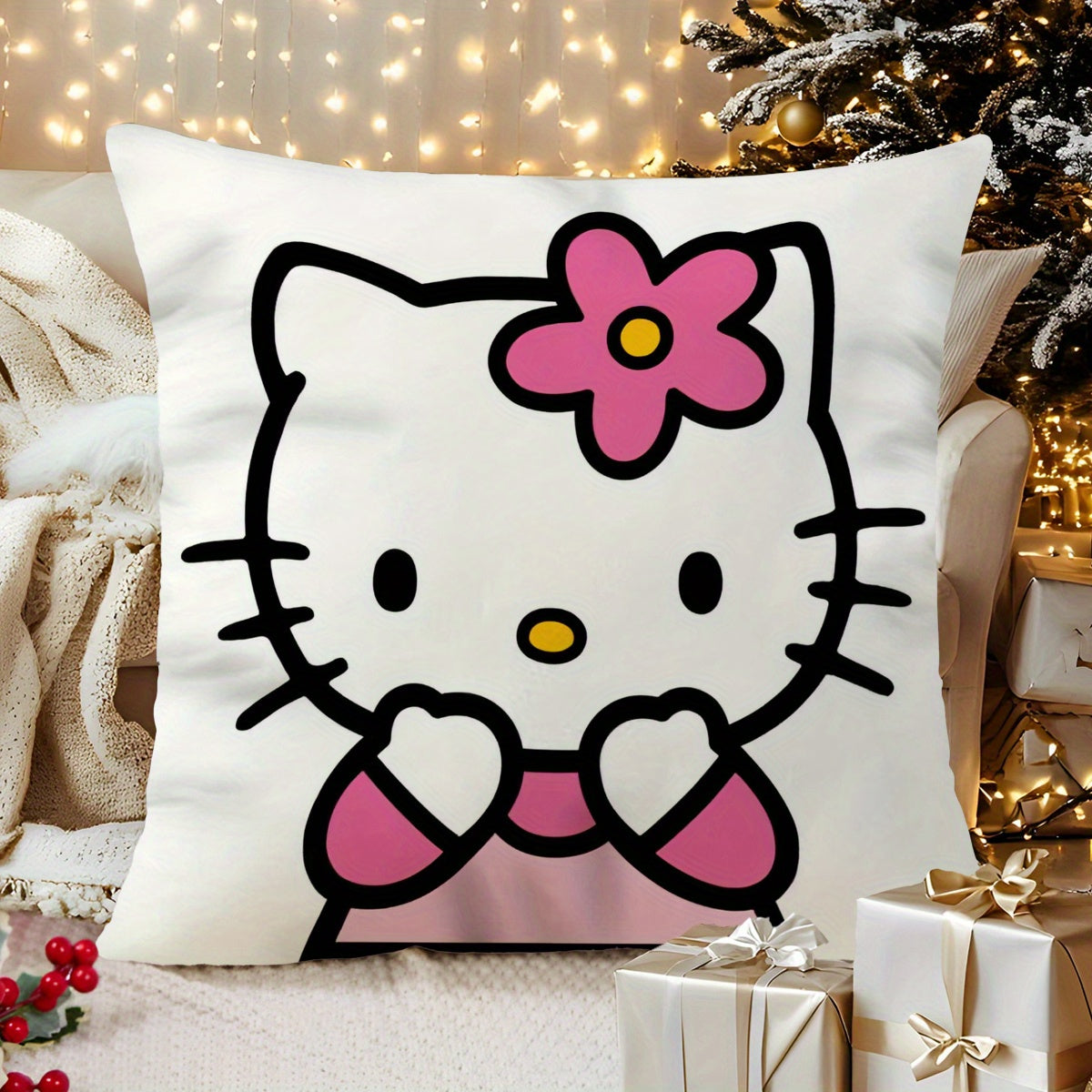 Sanrio Hello Kitty Plush Pillow Cover o'lchami 45.72x45.72 sm - Yumshoq qisqa jun bilan jozibador multfilm dizayni. Bir tomonlama bosma. Qopqoq ichki qismi kiritilmagan. Sevgi kuni yoki Rojdestvo uchun ajoyib sovg'a, uy bezatish, yotoqxona uchun mukammal.