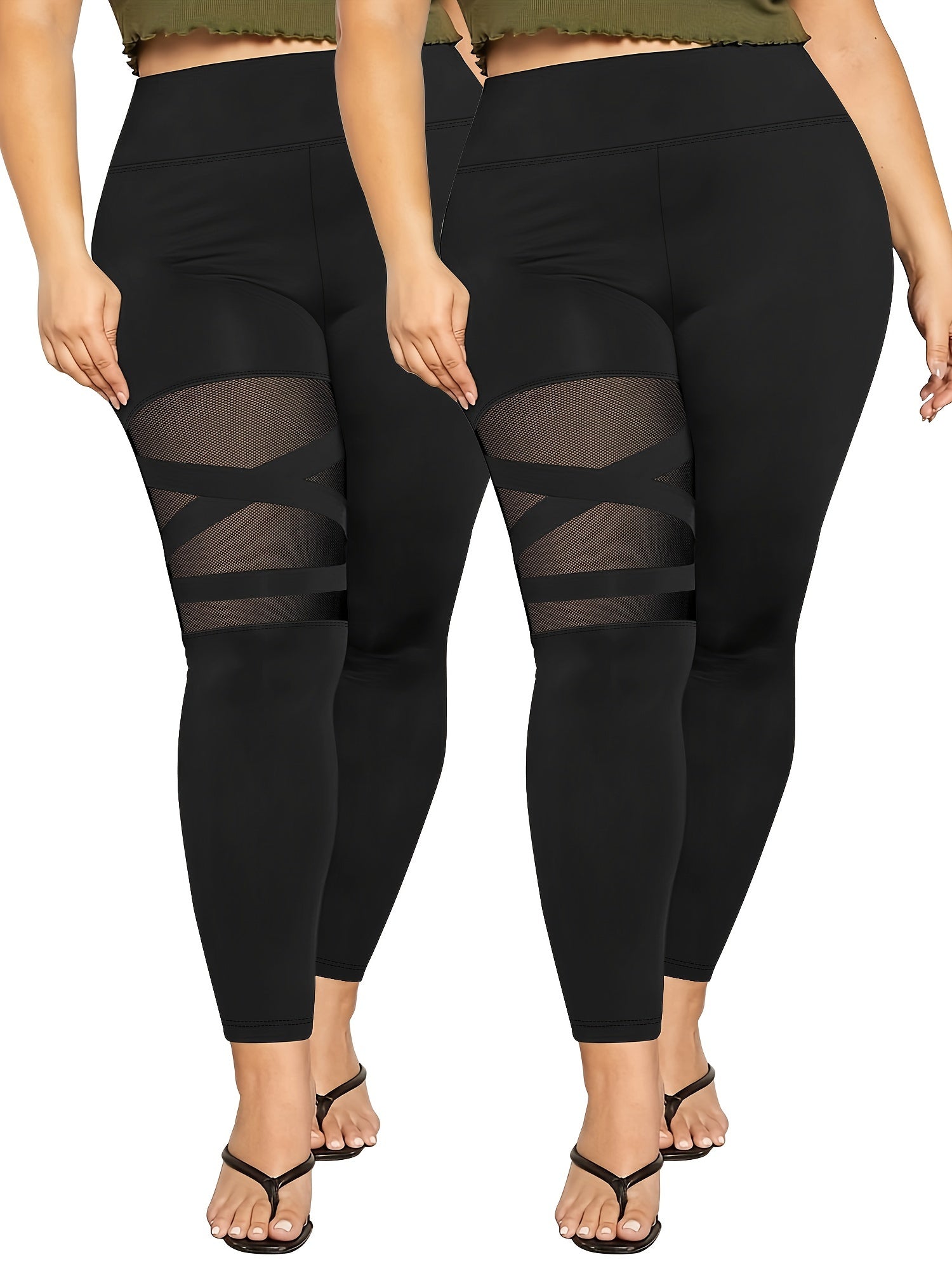 Women's Plus Size Spliced Mesh Leggings Soft Fit Pack of 4