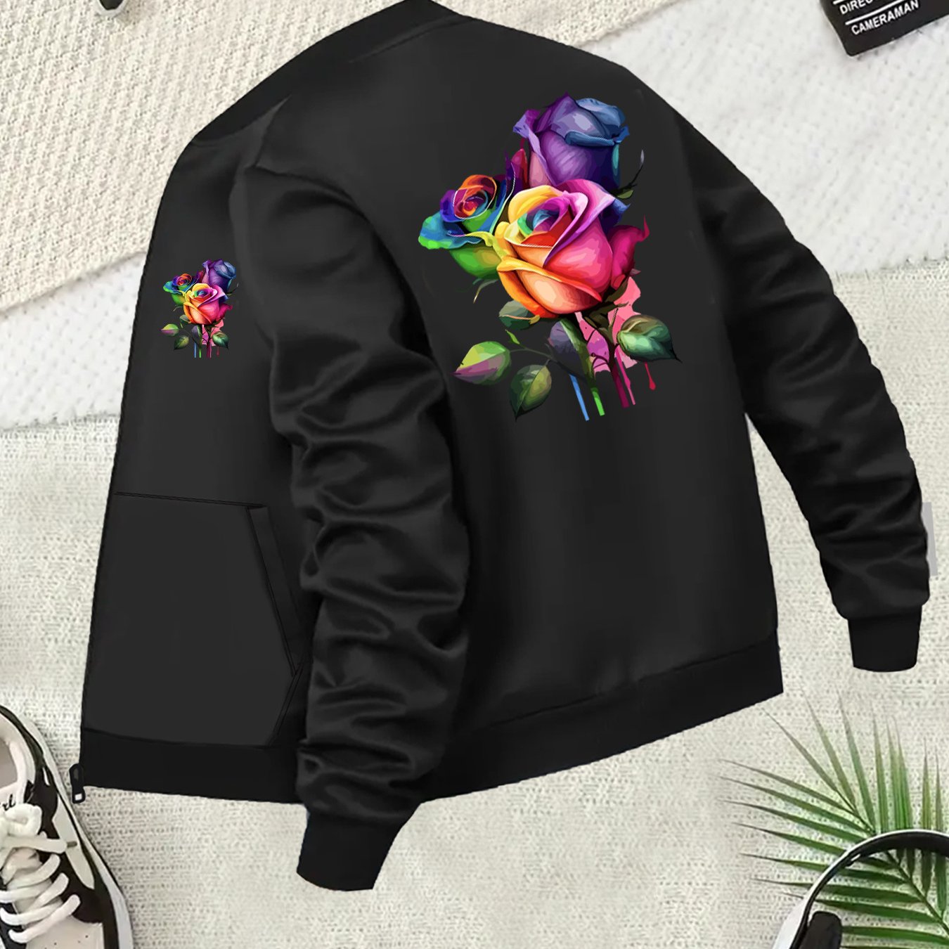 Plus Size Women's Floral Print Casual Jacket with Zipper Long Sleeve